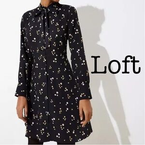 New Loft Black Floral Tie Mock Neck Flare Dress Size 4